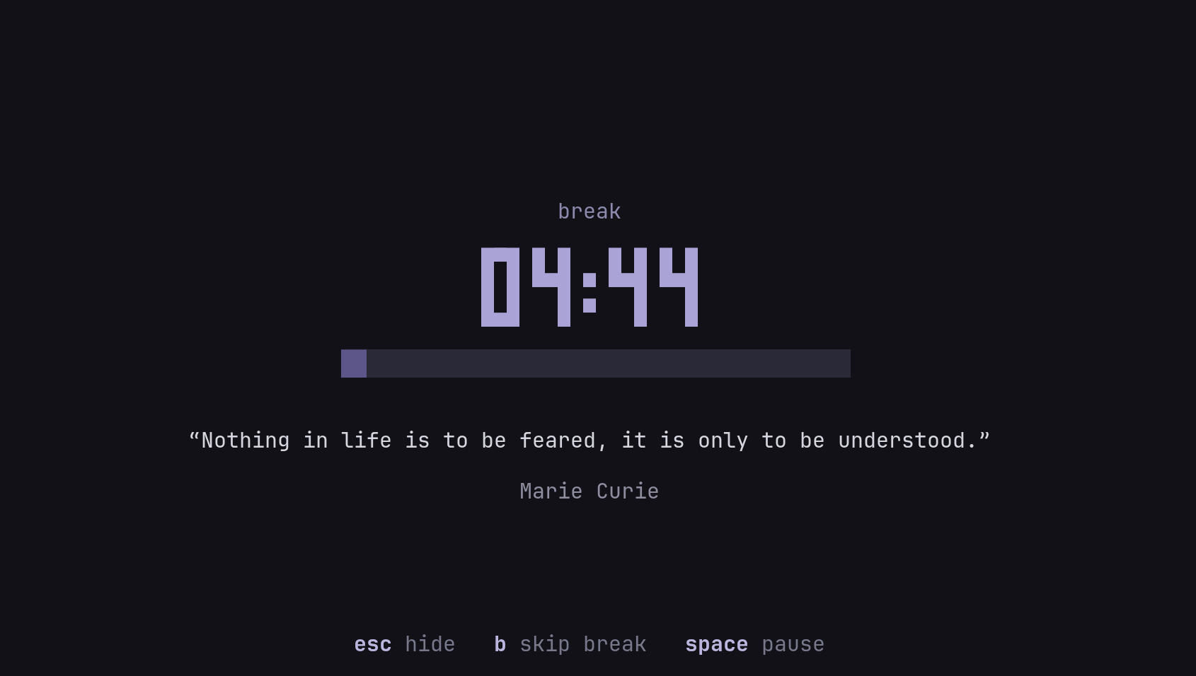 The break screen with its countdown and a quote by Seneca.
