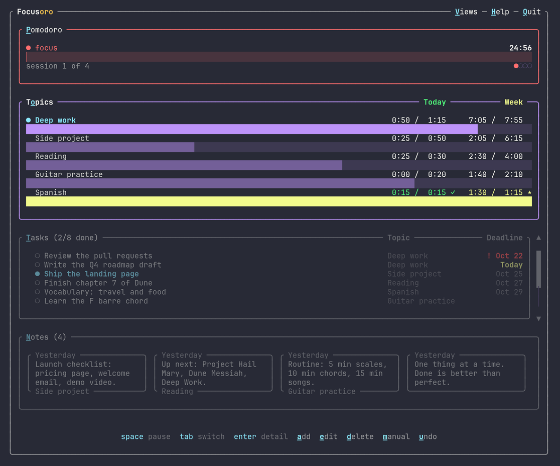Focusoro with the Dracula theme, added from a theme file.